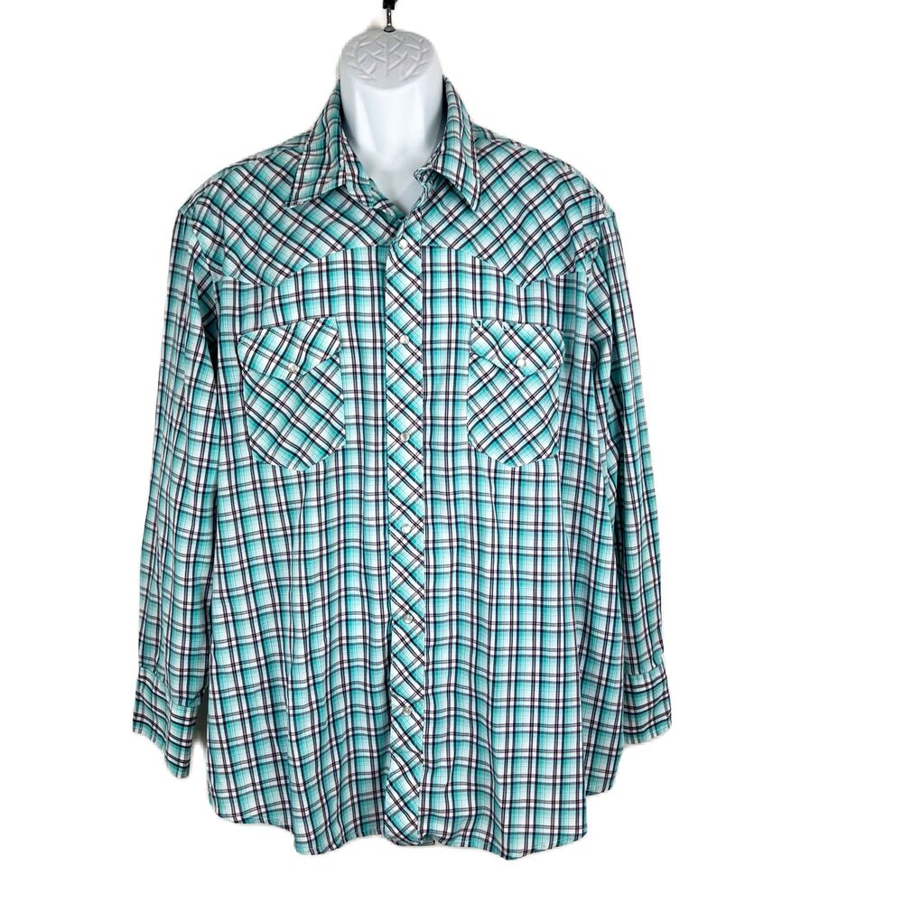 Wrangler Western Shirts Men 2XL Green Plaid Snap Button Up Long Sleeve
